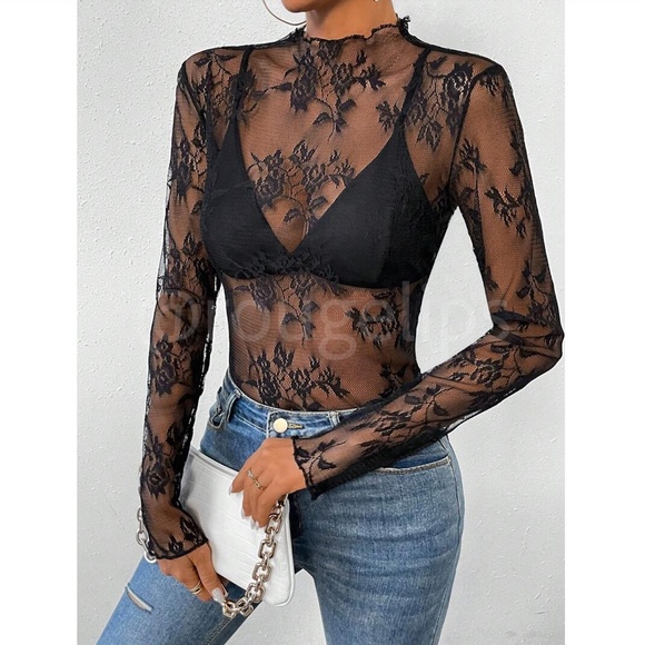 Black Lace Sheer Floral Long Sleeve Top Shirt - Picture 2 of 8